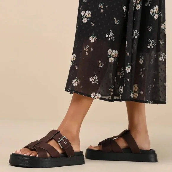 Lulus Surie Chocolate Brown Suede Strappy Flatform Slide Sandals/NIB/Size 8 - Picture 3 of 15